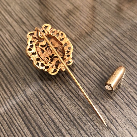 Vintage FLORENZA Stick Pin brooch Green Enamel & Rhinestones - Picture 7 of 16